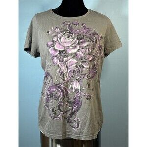 Fashion Bug Silver Embellished Floral T-Shirt (Women’s L) Graphic Tee